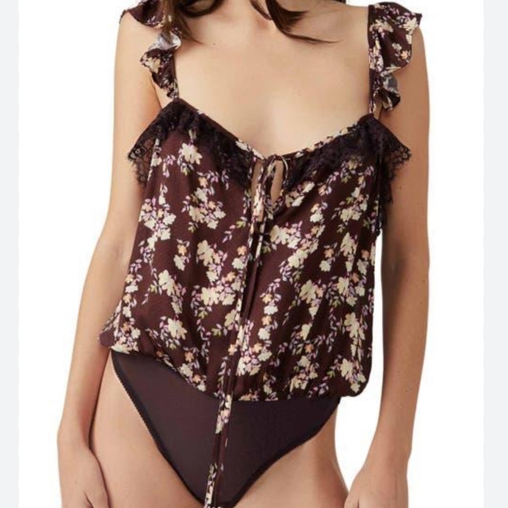 Free People Take it Away Merlot Ruffled Tie Front Bodysuit NWT